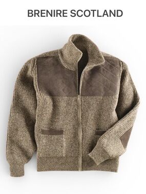 VINTAGE BRENIRE SCOTLAND SHETLAND WOOL ZIP CARDIGAN SWEATER SUEDE ELBOW PATCHES